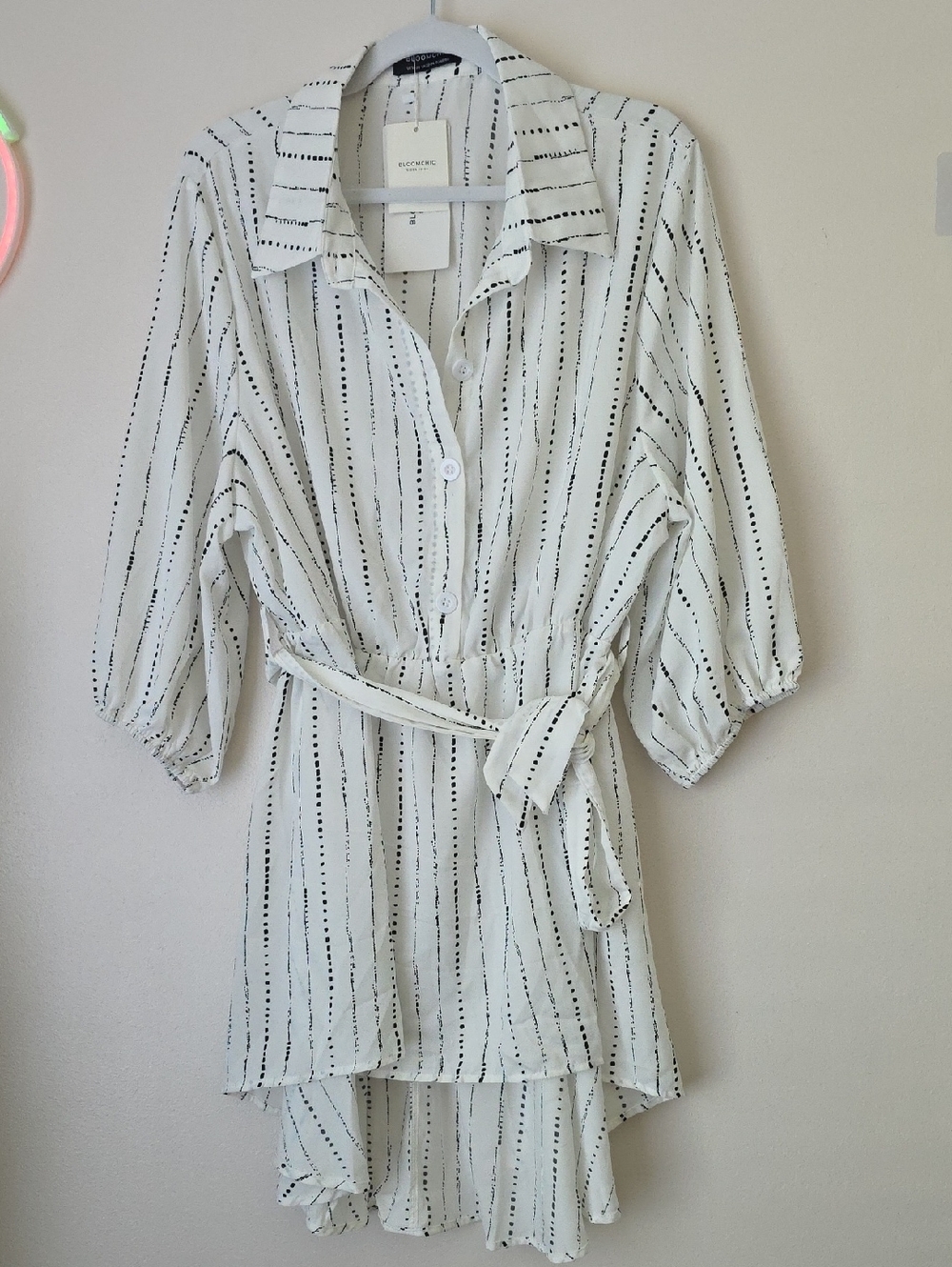 BloomChic White Tunic with Black Pinstripes